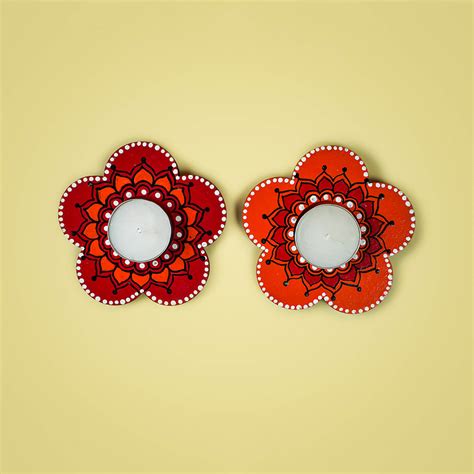 Buy Handpainted MDF Five Petal Red & Orange Tealight Holders Online On ...