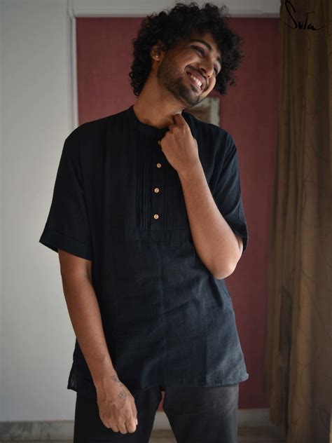Cotton Short Sleeve Black Kurta For Men|Open Secret|Suta