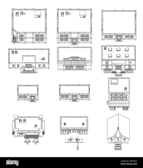 The image is a collection of different floor plans of houses. Each ...