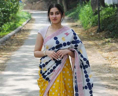Yellow White Hand Block Printed Cotton Mulmul Saree