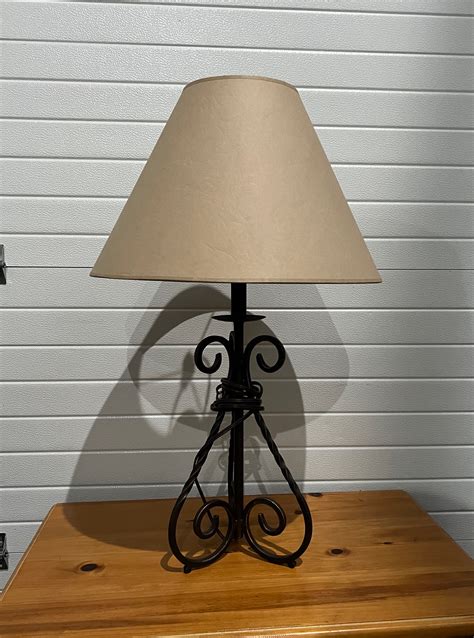 Dark Brown Wrought Iron Scroll Table Lamp with Angled Light Brown Shade ...