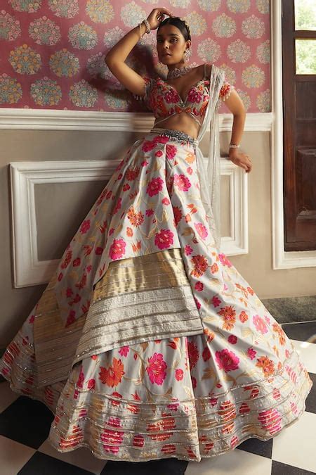 Buy Grey Blouse And Dupatta Organza, Lehenga Silk Floral Motifs V Neck ...