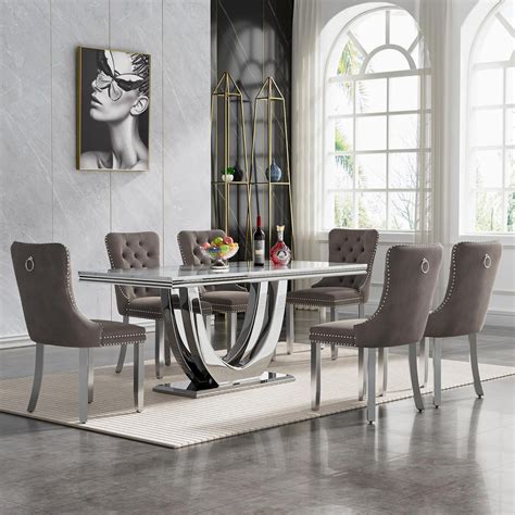 White Marble Dining Table Set with Tufted Velvet Chairs – BinSha Furniture