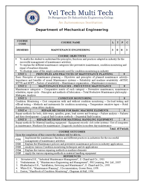 191ME833 - Maintenance Engineering Course Overview and Objectives - Studocu
