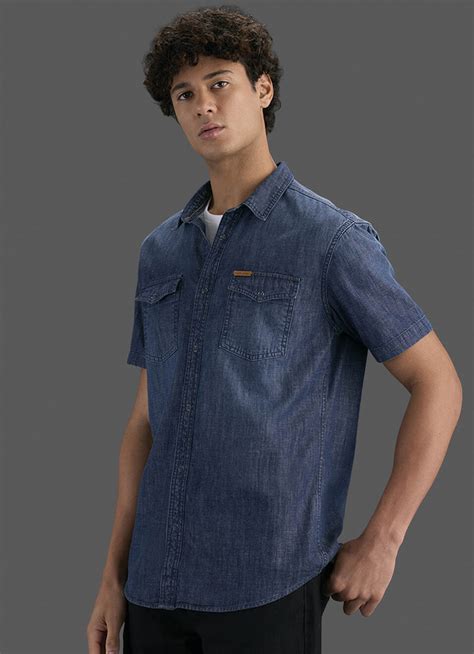 Men Dark Blue Short Sleeve Denim Shirt | Pepe Jeans India