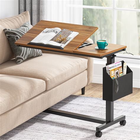 Tribesigns Height Adjustable C Shaped End Table with Wheels & Storage ...
