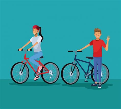 Couple riding bikes cartoons | Premium Vector