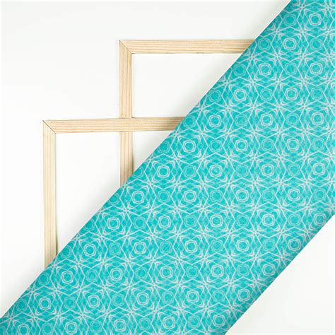 Sky Blue And White Geometric Pattern Digital Print Lush Satin Fabric ...