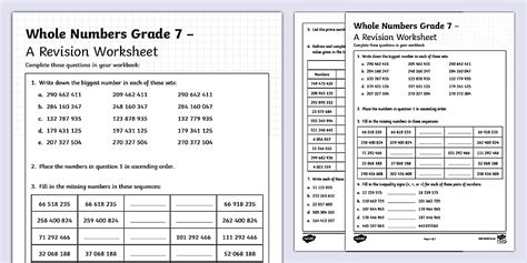 Whole Numbers Grade 7 – A Revision Worksheet