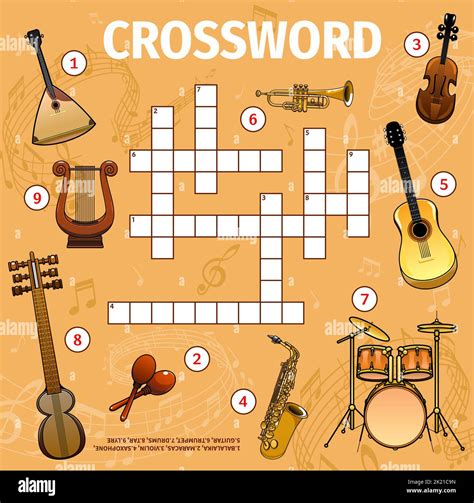 Musical instruments and sound waves crossword grid, worksheet to find ...