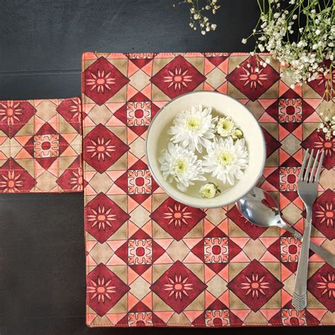 Table Mat-Coaster Set-Maroon Peach Tiles – Crafthues
