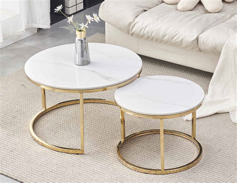 Glam Round Nesting Marble Ceramic Coffee Table Set White Gold Legs