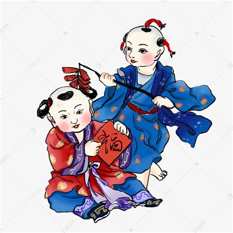 中国风年画娃娃古典放鞭炮举福素材图片免费下载-千库网