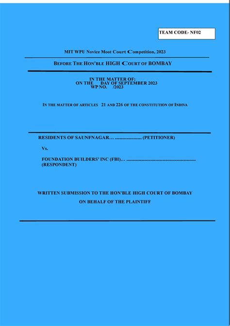 Plaintiff MEMO-Home Owners - TEAM CODE- NF MIT WPU Novice Moot Court ...