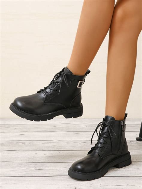 Buckle Decor Lace-up Front Zipper Side Combat Boots | SHEIN USA