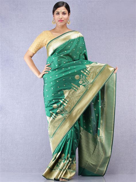 Banarasee Silk Saree With Taj Mahal Motiff & Zari Work - Green Gold ...
