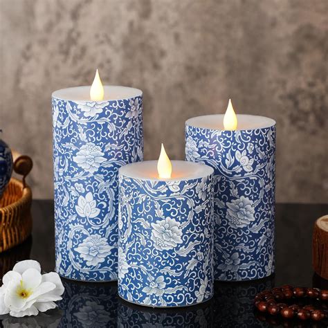 Amazon.com: Baquler 3 Pcs Chinoiserie Flameless Pillar Candles Blue and ...