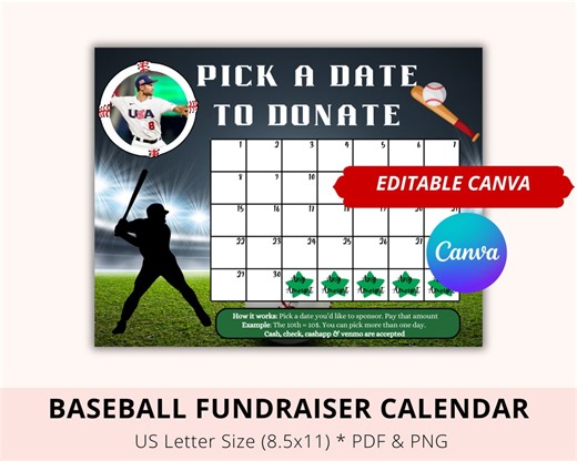 Editable Baseball Pick a Date to Donate, Canva Template, Baseball Fundraiser, Pay the Date, Donate Calendar, Facebook Fundraiser, PDF, PNG - Etsy UK