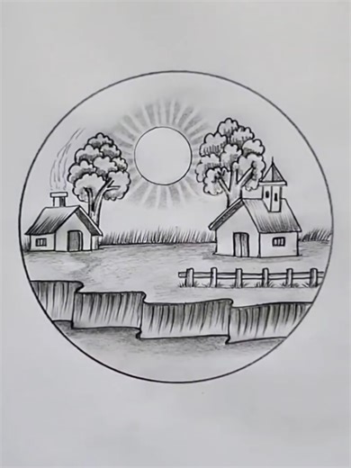 Easy Circle Village Scenery Drawing Tutorial