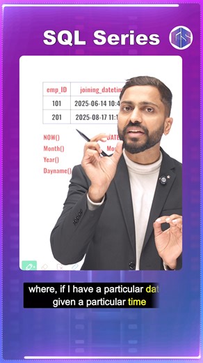 Become a Pro in SQL Date & Time Functions! Tutorial with Examples Learn how to work with SQL Date & Time functions using practical, real-world examples. Using employee data, you’ll understand how to extract values using NOW, DATE, MONTH, YEAR, DAY, and more. Perfect for beginners, interview prep, and competitive exams. | Gate Smashers