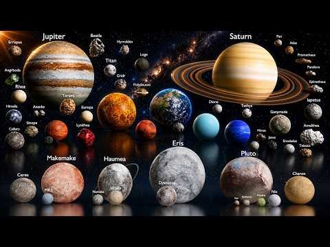 Solar System Planets & Dwarf Planets with All Known Moons 3D Size Comparison