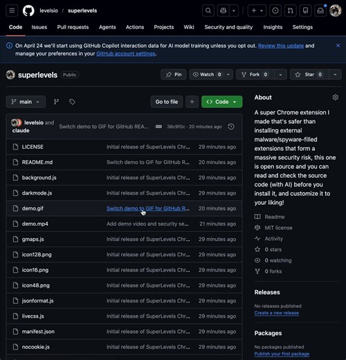 ✨ I open sourced my first Chrome extension 🚀 SuperLevelshttps://t.co/88Sw1HPfCkI vibe coded it to replace all my Chrome extensions that are increasingly being bought up by spyware and malware companies who sell your data or worse hack your accounts and steal your stuff/money/data, which I'd call one of the top security risks right nowFor example: Chrome extensions can read your cookies or localStorage data, including session tokens, then login to your web or email accounts and hack you, they ca