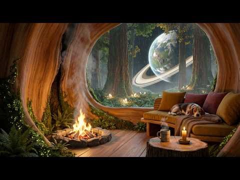 Hollow Tree Hideout in an Alien Forest — Fireplace & Rain Ambience for Sleep & Space Relaxation