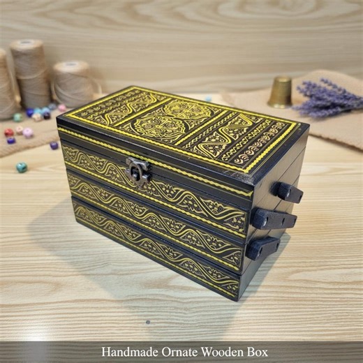 Handmade Naqshi Lacquer Art Jewelry Box, 3 Tier Wooden Organizer, Velvet Lined Keepsake Storage - Etsy UK