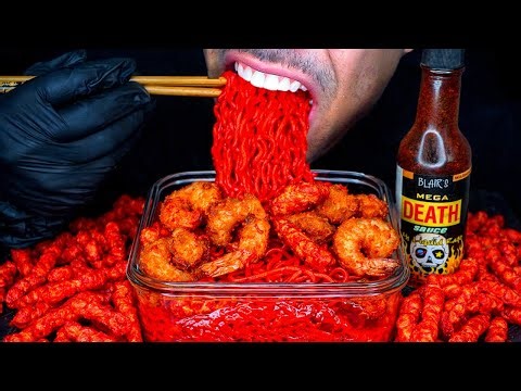 ASMR MEGA DEATH SAUCE ATOMIC SPICY NUCLEAR FIRE NOODLES EATING CHALLENGE HOT CHEETOS MUKBANG JERRY