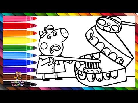 Dibuja y Colorea A Peppa Pig Dentista Limpiando Una Boca Gigante 🐷👄🦷🪥 Dibujos Para Niños