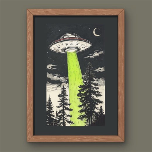 UFO Abduction Print | Retro Sci-fi Wall Art, Neon Green Beam (digital Download) - Etsy