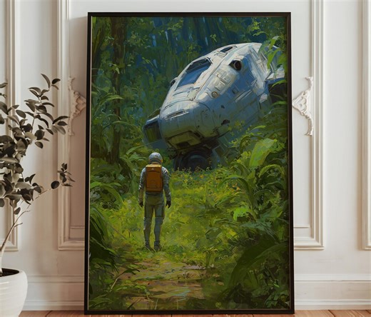 Sci-fi Jungle Crash Art Print - Lost Spaceship Poster - Futuristic Explorer Illustration - Alien Planet Wilderness Wall Art - Etsy