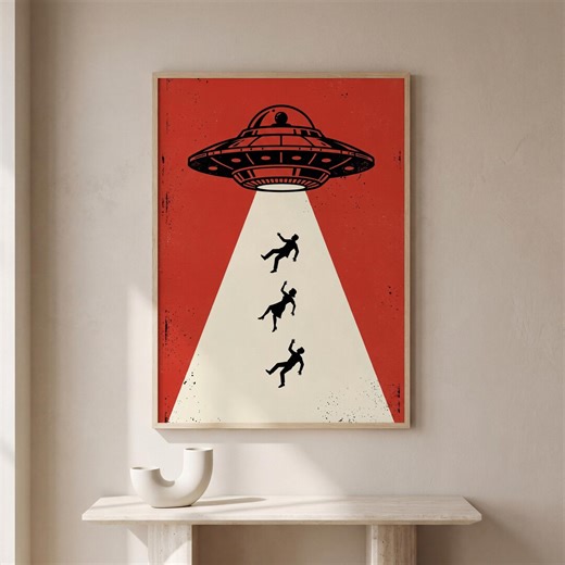 UFO Abduction Retro Print, Alien Spaceship Wall Art, Sci Fi Flying Saucer Poster, Vintage Red Space Home Decor, Quirky Alien Lover Gift - Etsy