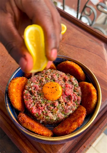 Beef Tartare with Buttery Fried Ugali Croquettes