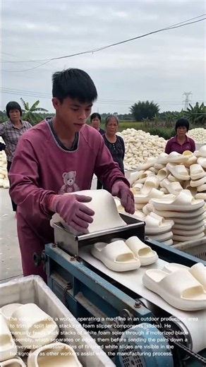 Mass Production: Factory Worker Trimming and Processing Soft Foam Slides