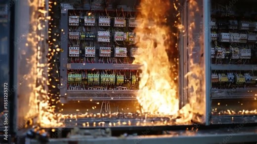 Fire engulfs Industrial Electrical Panel: An intense inferno consumes an industrial electrical panel, the scene is an explosion of heat and sparks.