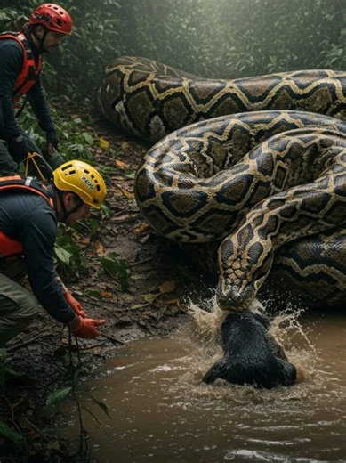 Giant Python Attacks Dog — Dramatic Jungle Rescue Caught on Camera A terrifying wildlife encounter unfolds deep inside a tropical jungle when a massive 40-foot reticulated python silently attacks a dog near a muddy waterhole. Coiling with overwhelming force, the giant snake shows the brutal reality of nature in action. Just as hope seems lost, rescue workers arrive and face extreme danger to save a life. This intense cinematic sequence captures fear, bravery, and survival in the wild.