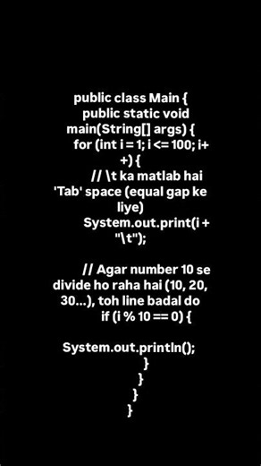 1to 100 number print in java code #coder #java