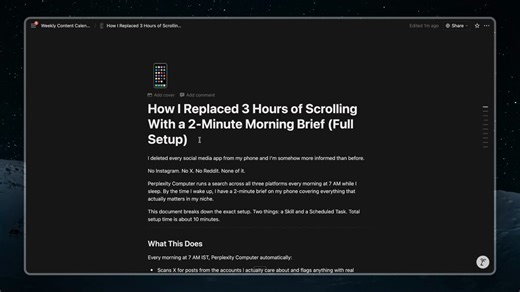 THE FULL SETUP BEHIND HOW I REPLACED 3 HOURS OF SCROLLING WITH A 2-MINUTE BRIEF.Inside Perplexity Computer I built a Skill + a scheduled task that runs every morning at 7 AM.The Skill:→ Knows which 15 X accounts I care about (tools I use, competitors, creators in my niche)→ Knows which 5 Reddit subreddits matter (r/ClaudeAI, r/vibecoding, r/LocalLLaMA, r/AI_Agents, r/cursor)→ Knows to check YouTube for unusual view spikes in vibe coding tutorials→ Formats everything into a one-paragraph brief.Th