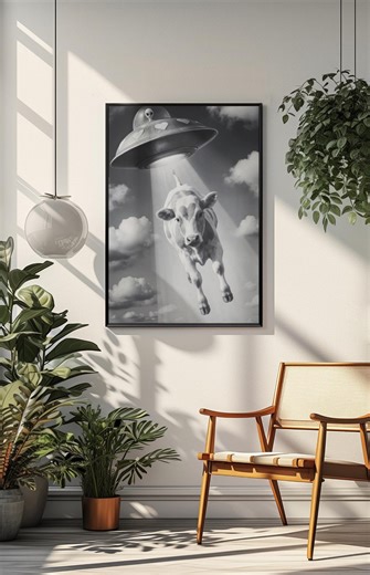 Black and White UFO Cow Abduction Wall Art | Whimsical Alien Spaceship Hearts Poster | Shipped Physical Art - Etsy