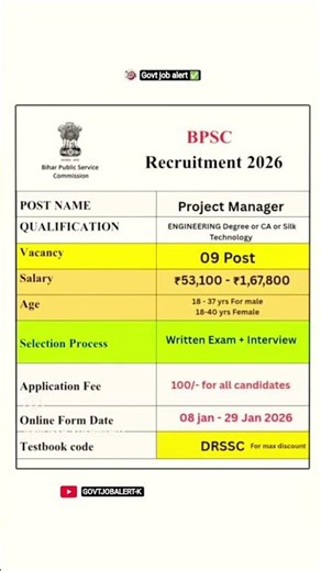 📌 BPSC Project Manager Recruitment 2026 | New Vacancy Details | #subscribe #ytstudio #ytshorts #job