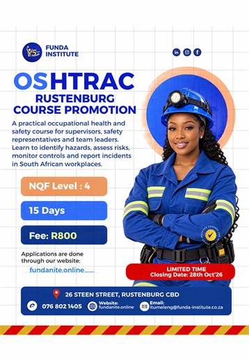 Rustenburg, build practical skills in hazard identification, risk assessment and incident reporting with Funda Institute’s OSHTRAC program. Designed for supervisors and safety representatives, this 15-day program offers an accredited NQF Level 4 qualification focused on South African workplaces, only available in In Rustenberg. Promotional fee: R800 Applications close: 28 October Location: Rustenburg ONLY Spaces are limited secure your spot today! 🌐 Apply at fundanite.online 📲 WhatsApp: 076 80