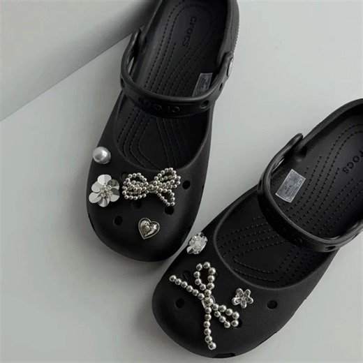 Bling Silver Rhinestone Flower Shoe Charms Metal Bead Bow & Heart Clog
