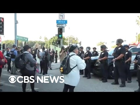 May Day ralliers protest outside ICE detention facility in downtown Los Angeles
