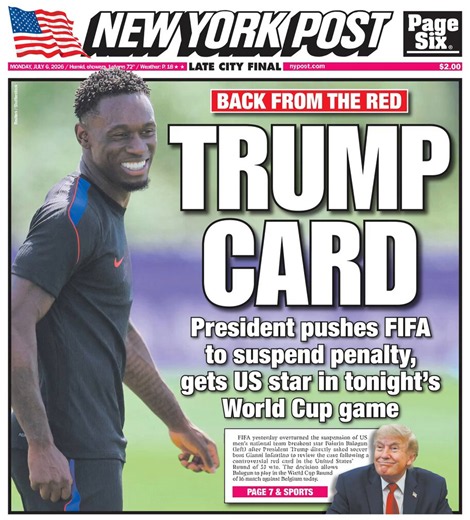 🚨 BOOM! "TRUMP CARD""President pushes FIFA to suspend penalty, gets US STAR in tonight's World Cup game"The left is melting down because an AMERICAN president stuck up for his own team, on his turf! 🇺🇸