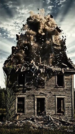 Cinematic wide shot of an old, abandoned wooden house collapsing.