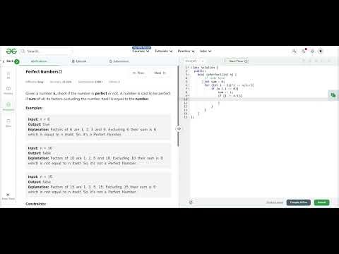 Perfect Numbers | GeeksforGeeks | C++ | Dt: 22-01-2026 | Coding Mind