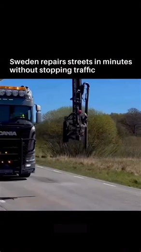 Technology | AI on Instagram: "In Sweden, potholes don t stand a chance. They have developed road repair trucks that fix cracks and potholes in real time without even stopping traffic. Using onboard sensors, the system detects damaged spots, blasts them clean, fills them with asphalt, and seals them all in one smooth, continuous motion What used to take hours, traffic cones, and frustration now happens in minutes while cars glide past. It's a glimpse into the future of smart infrastructure where