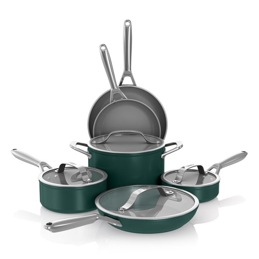 Open Box Ninja Ceramic Pro 10-Piece Cookware Set, Aluminum and Stainless Steel, Non-Stick Set, Glass Lids, Stove to 550F Oven Safe, Dishwasher Safe, Green, CW38000GN