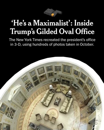 The New York Times created a 3-D look inside President Trump’s revamped Oval Office, using hundreds of photos taken in October. See how he's veered toward the gilded style of Louis XIV — and installed a red button on his desk that lets him instantly order a Diet Coke. https://nyti.ms/49bXhfG | The New York Times